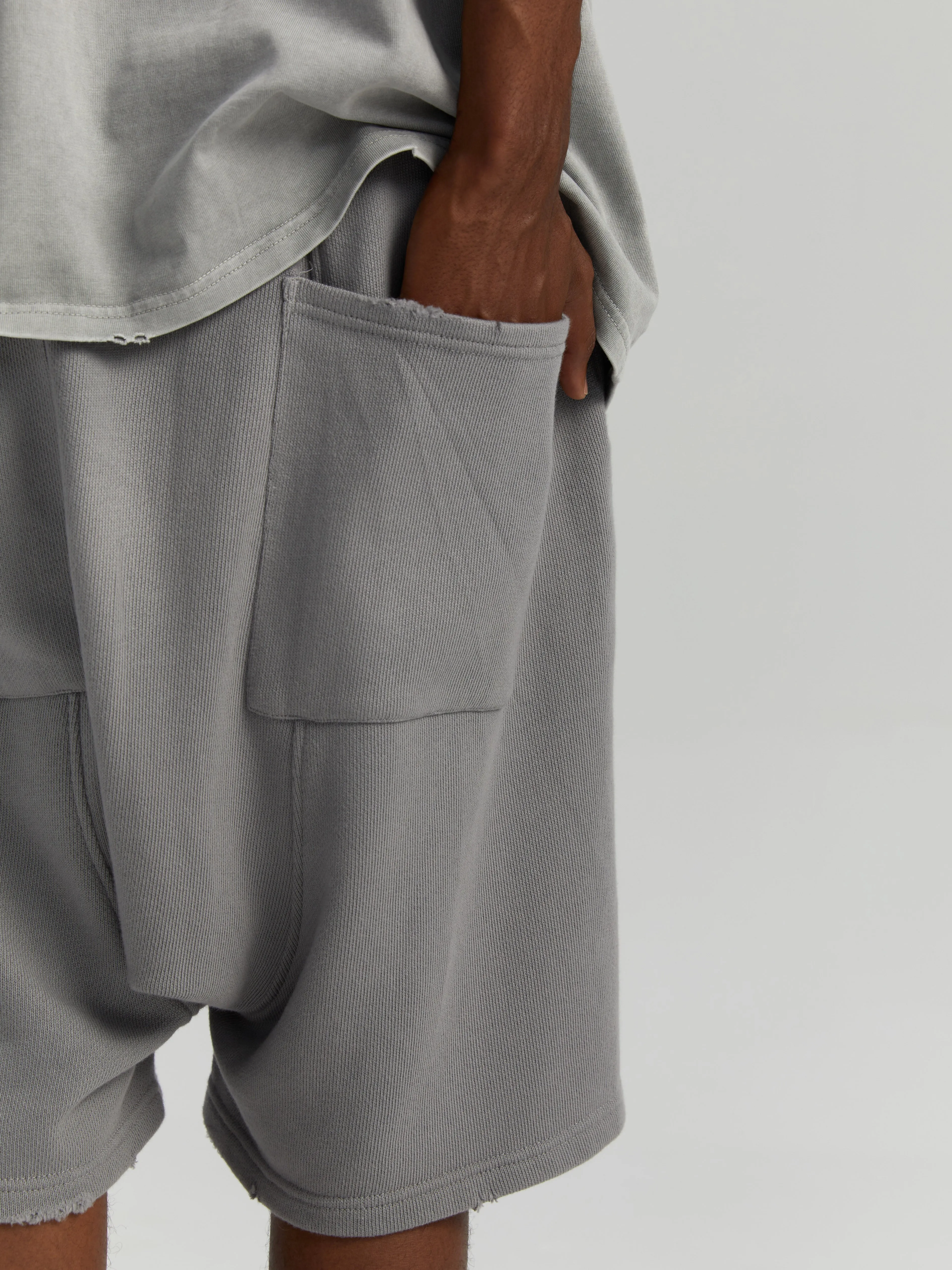 Gray experimental stonewash style logo shorts