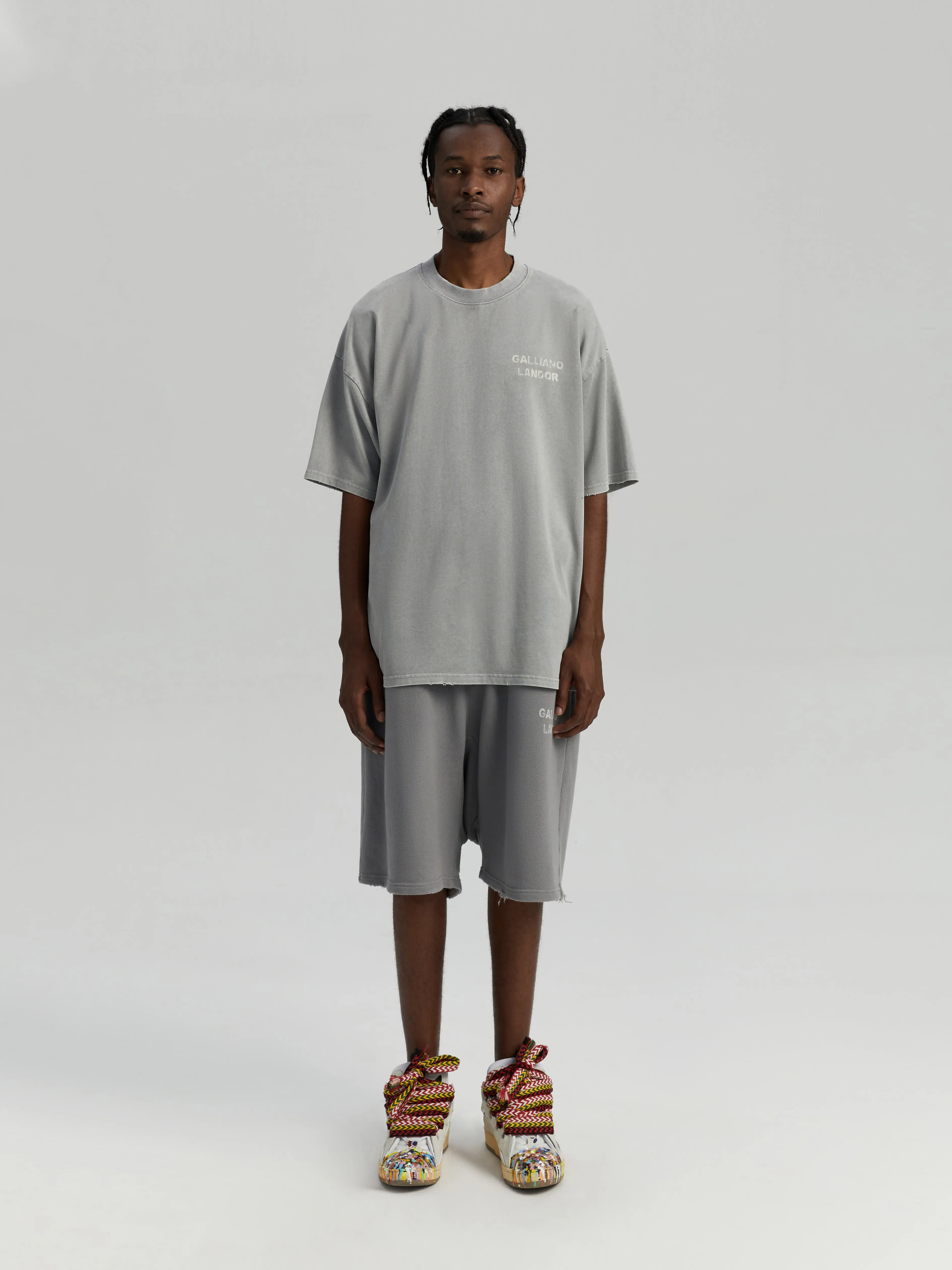 Gray experimental stonewash style logo shorts