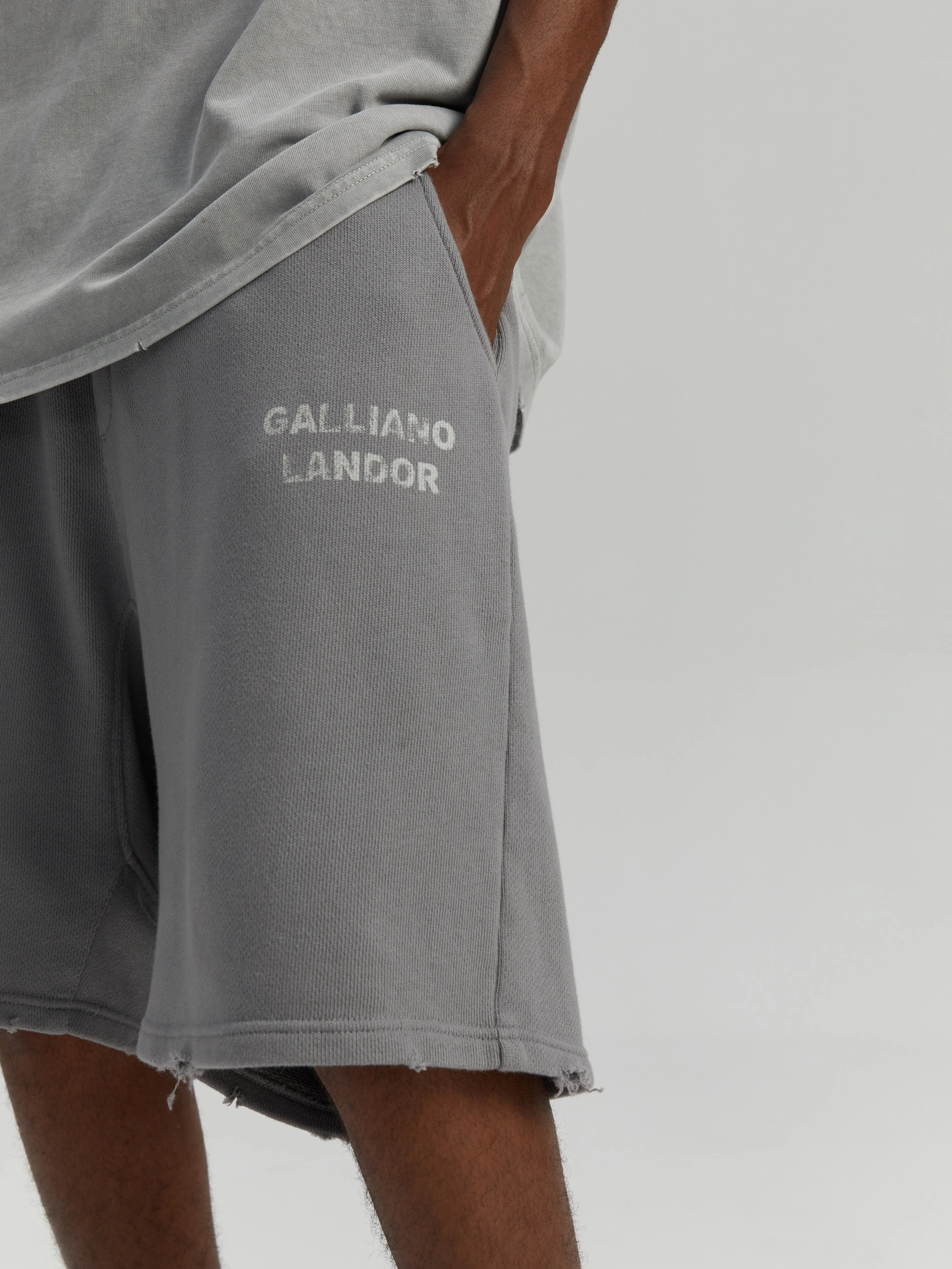 Gray experimental stonewash style logo shorts