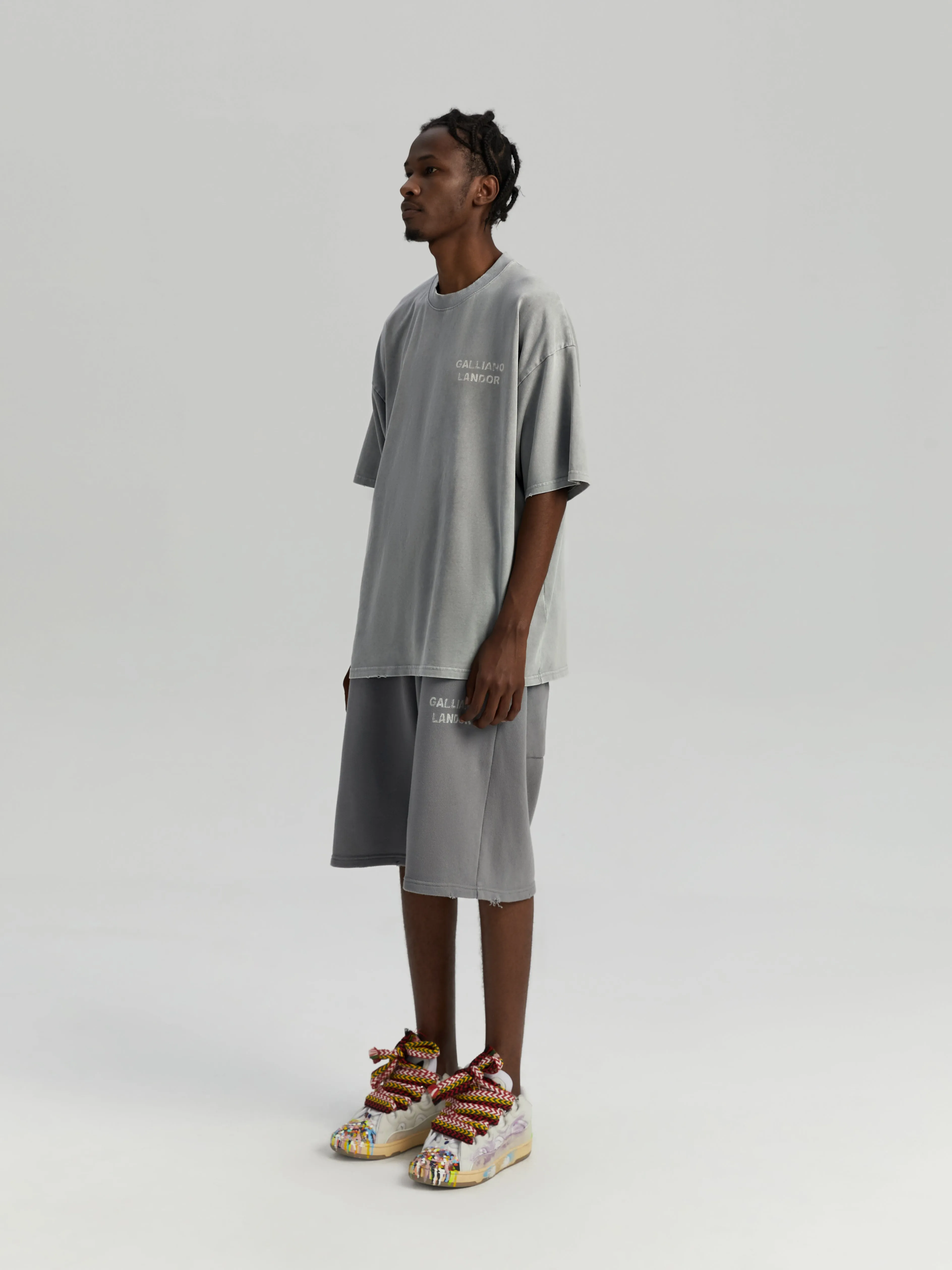 Gray experimental stonewash style logo shorts