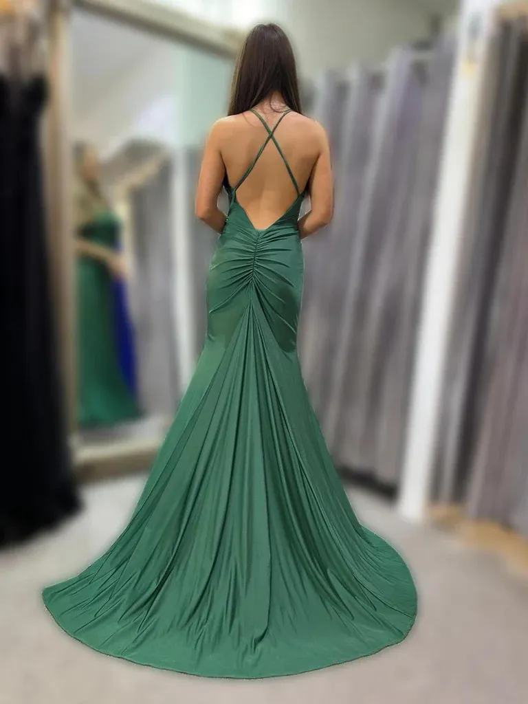 Green Satin Mermaid Backless Long Prom Dresses, Mermaid Green Long Formal Evening Dresses
