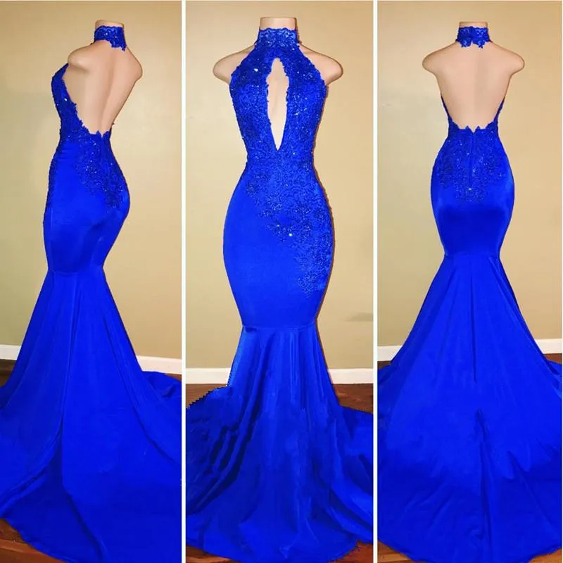 Halter Backless Mermaid Royal Blue Prom Dresses