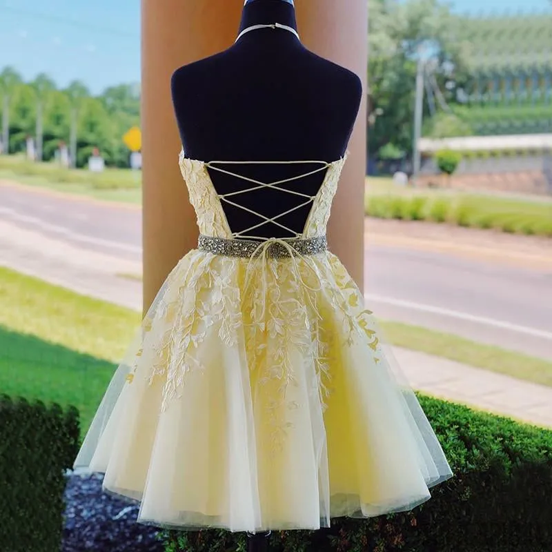 Halter Strapless Appliques Beading Lace-up Back Homecoming Dress, HD0169