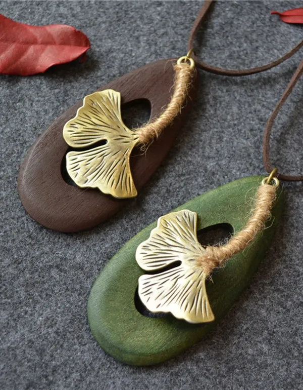 Handmade Retro Wooden Maple Leaf Long Necklace
