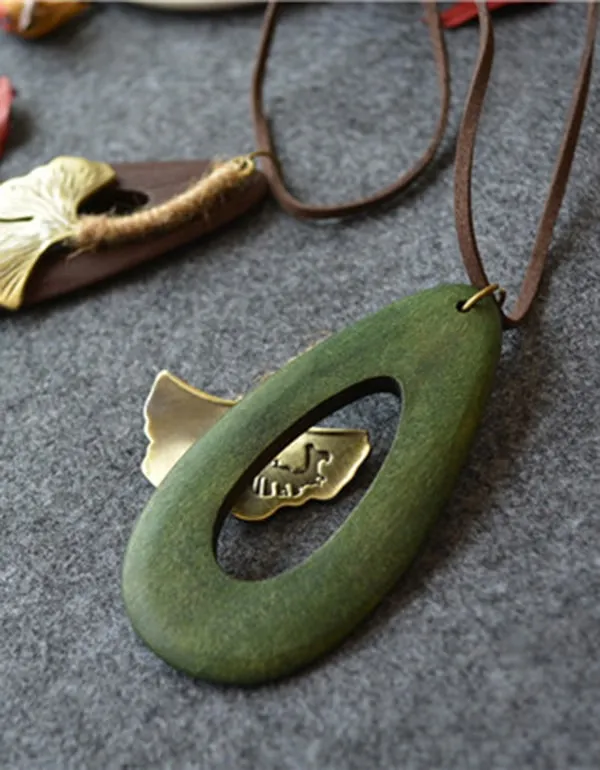 Handmade Retro Wooden Maple Leaf Long Necklace