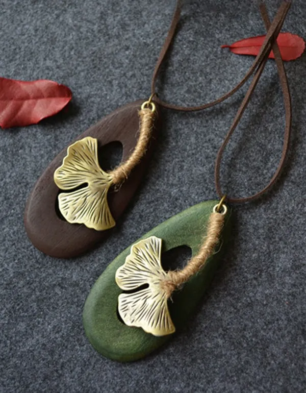 Handmade Retro Wooden Maple Leaf Long Necklace
