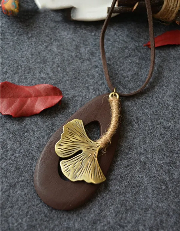 Handmade Retro Wooden Maple Leaf Long Necklace