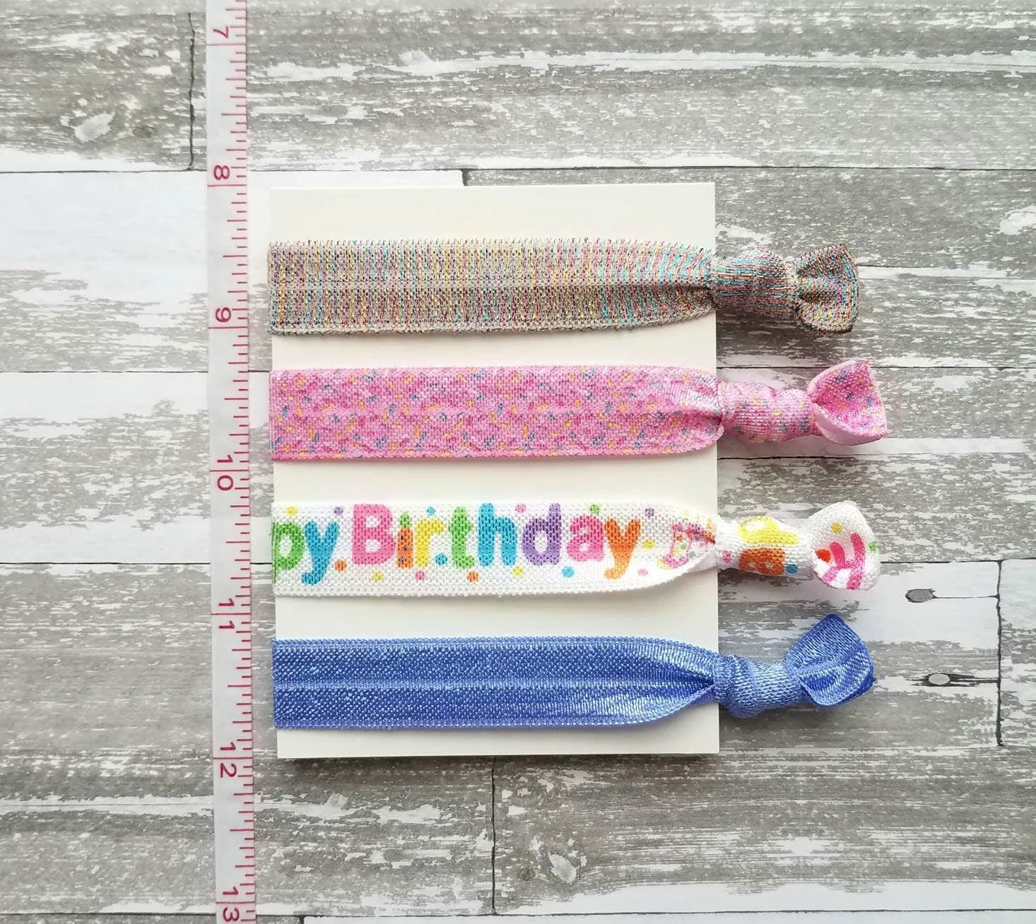 Happy Birthday Gift Set, elastic hair ties, stretch ribbon ponytail holder, hair band, cake sprinkles, pink purple party favor wrist glitter