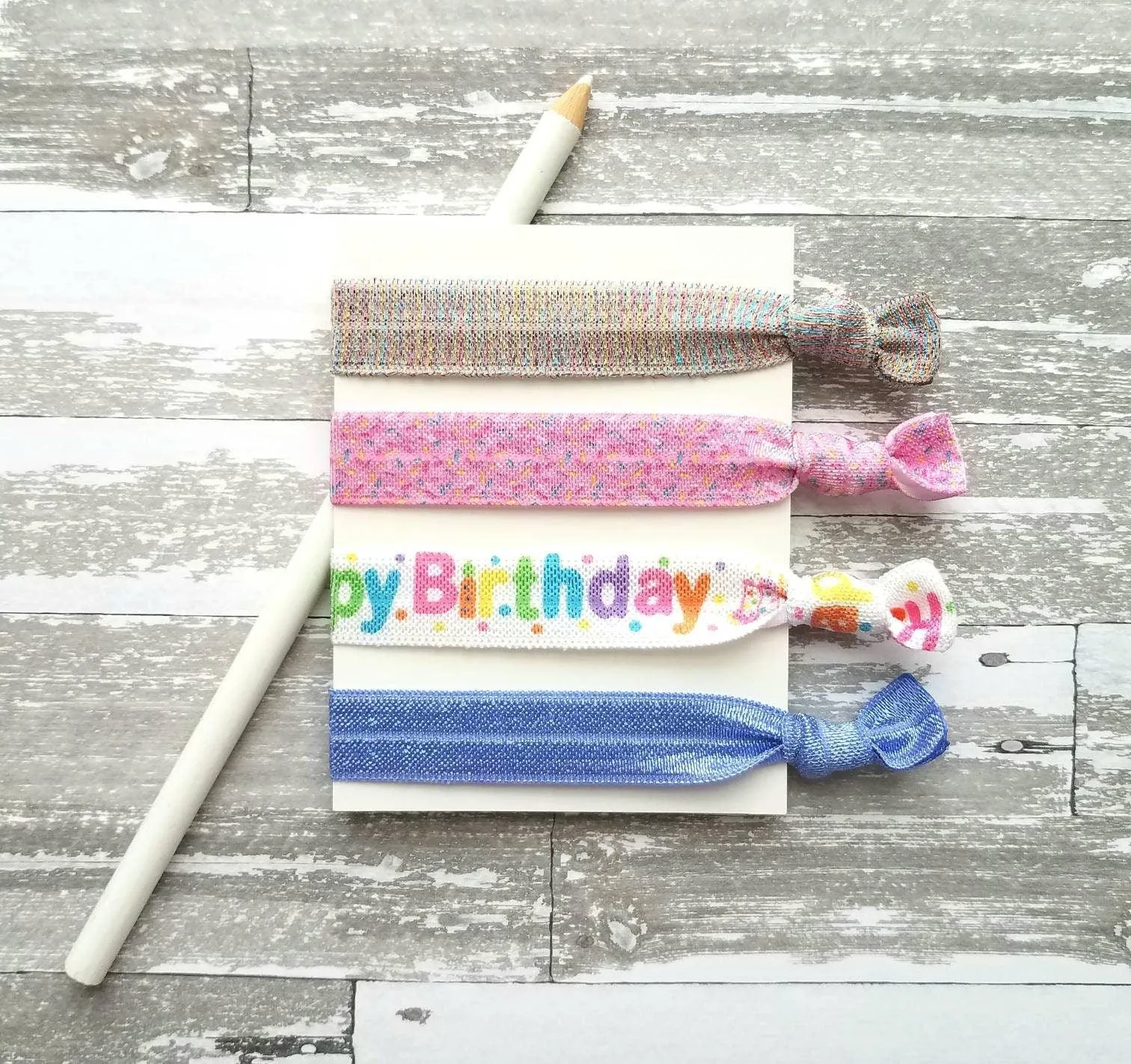 Happy Birthday Gift Set, elastic hair ties, stretch ribbon ponytail holder, hair band, cake sprinkles, pink purple party favor wrist glitter
