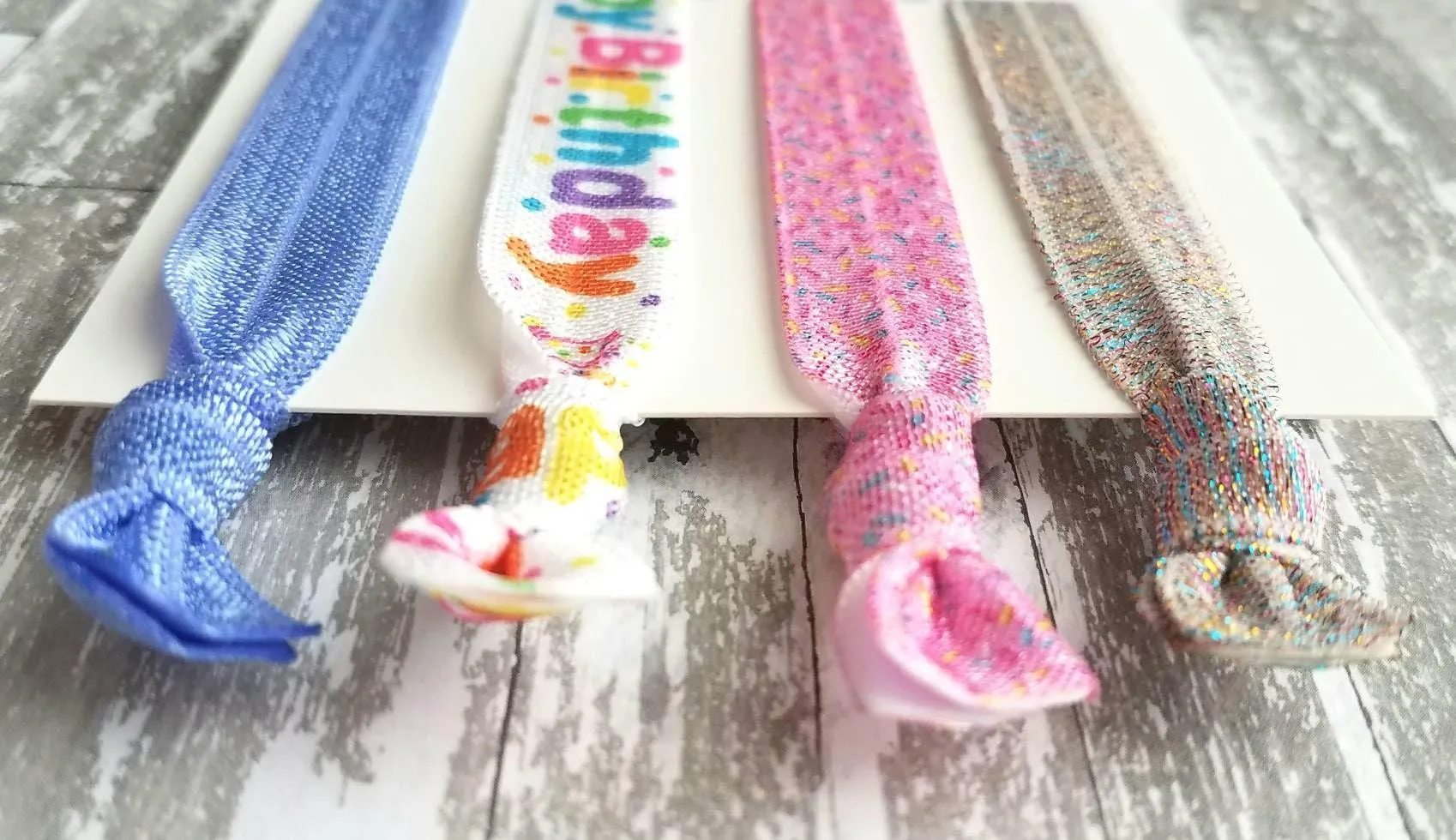Happy Birthday Gift Set, elastic hair ties, stretch ribbon ponytail holder, hair band, cake sprinkles, pink purple party favor wrist glitter