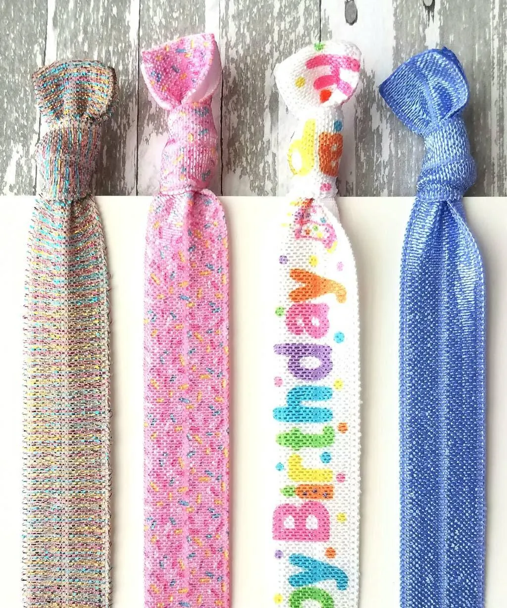 Happy Birthday Gift Set, elastic hair ties, stretch ribbon ponytail holder, hair band, cake sprinkles, pink purple party favor wrist glitter