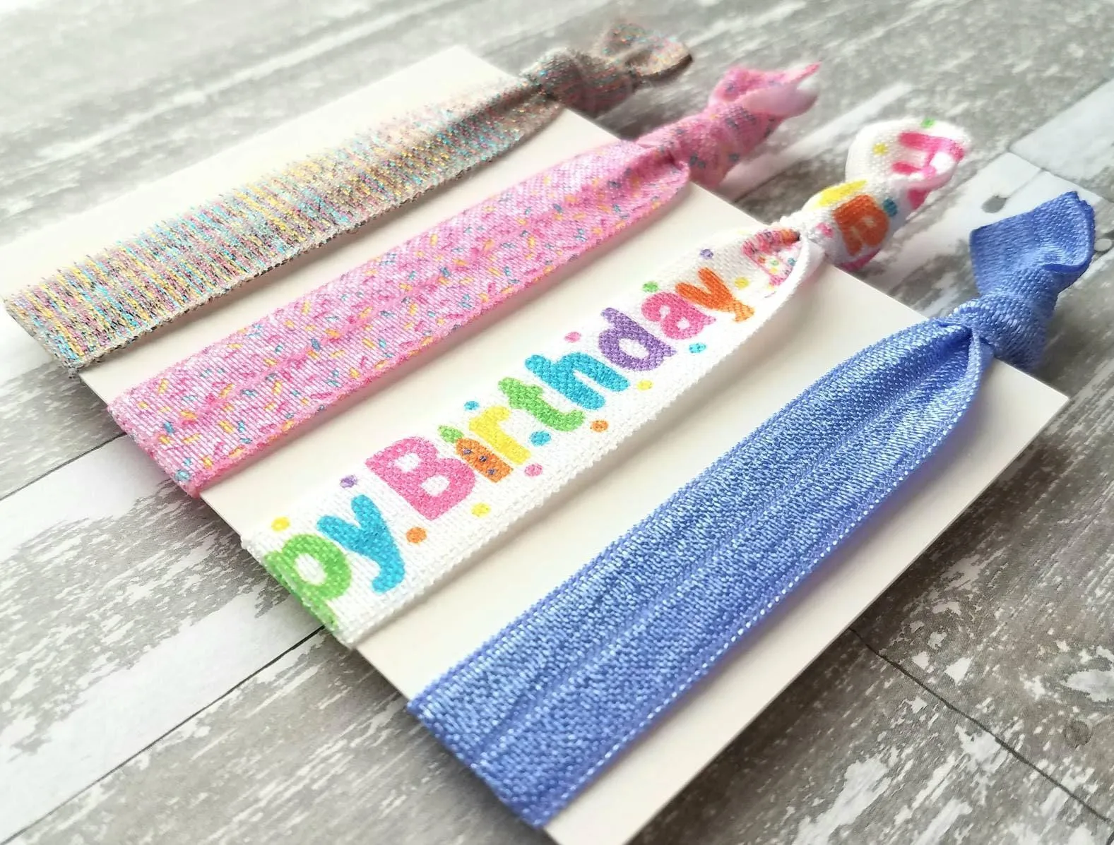 Happy Birthday Gift Set, elastic hair ties, stretch ribbon ponytail holder, hair band, cake sprinkles, pink purple party favor wrist glitter