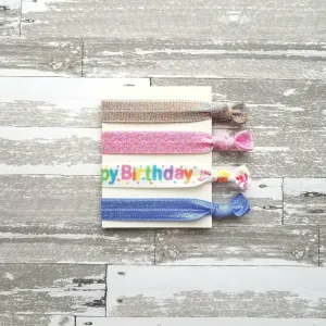 Happy Birthday Gift Set, elastic hair ties, stretch ribbon ponytail holder, hair band, cake sprinkles, pink purple party favor wrist glitter