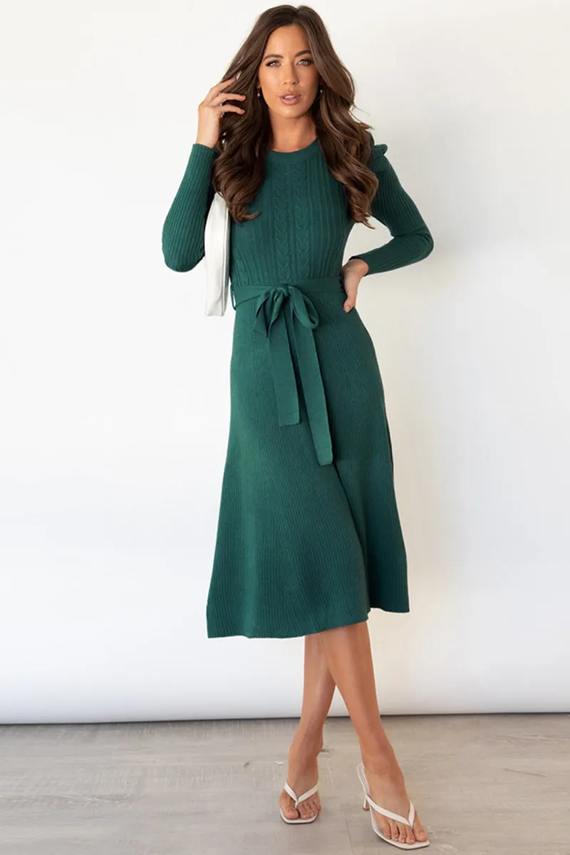 Hazel Blues® |  Round Neck Long Sleeve Tie Waist Sweater Dress