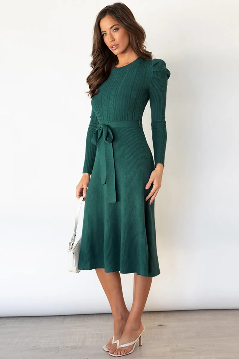 Hazel Blues® |  Round Neck Long Sleeve Tie Waist Sweater Dress