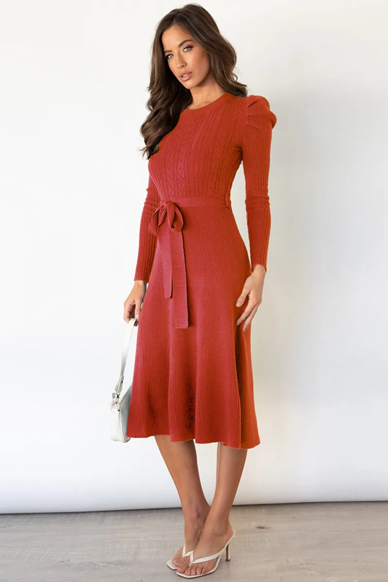 Hazel Blues® |  Round Neck Long Sleeve Tie Waist Sweater Dress