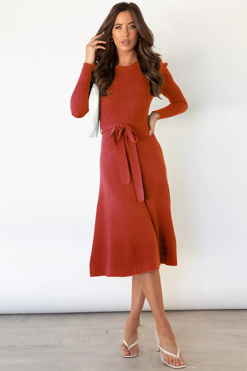 Hazel Blues® |  Round Neck Long Sleeve Tie Waist Sweater Dress