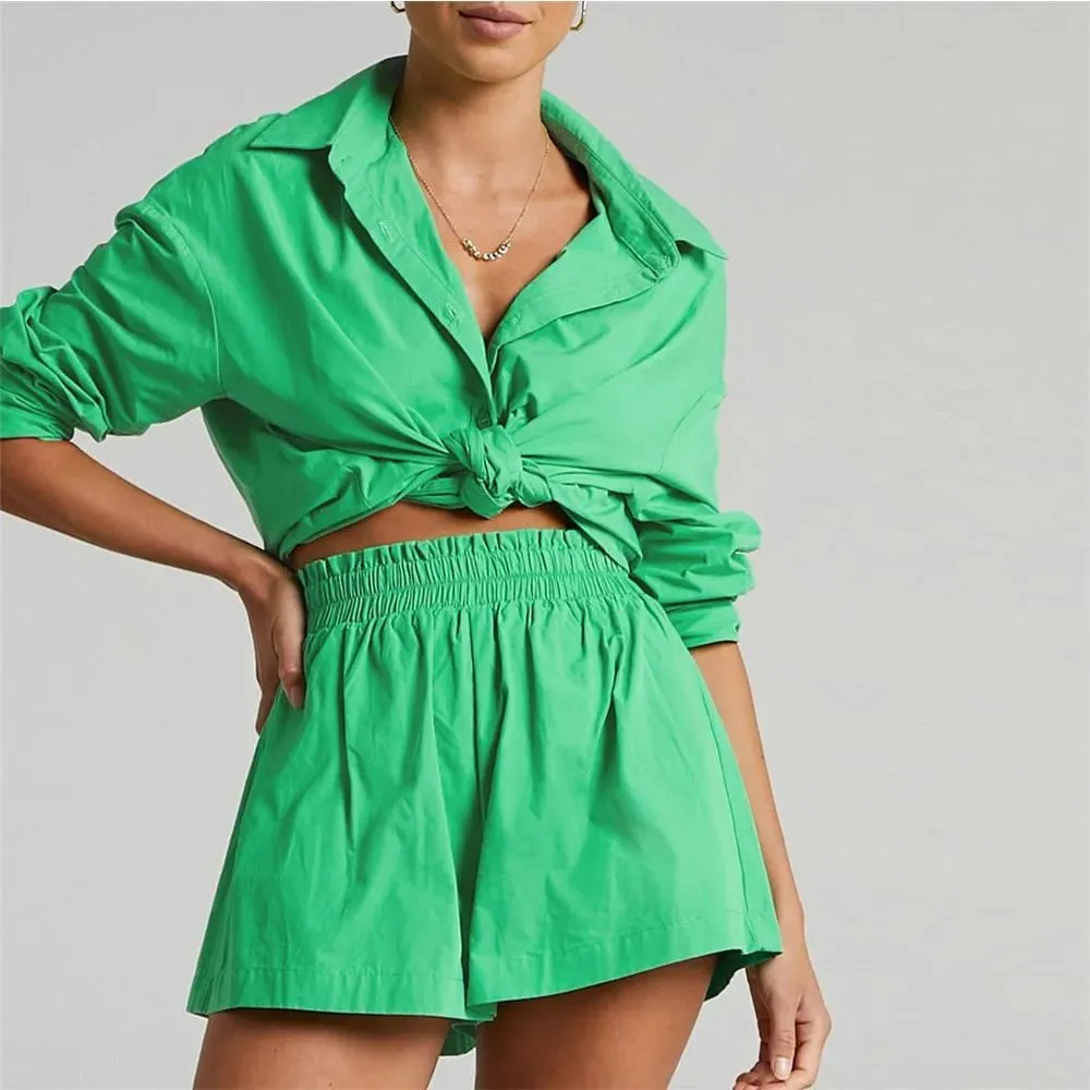 High Waist Cotton Linen Shirt and Shorts Set