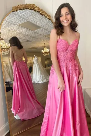 Hot Pink Satin A-line Prom Dresses With Lace Appliques, Long Formal Dress, SP932