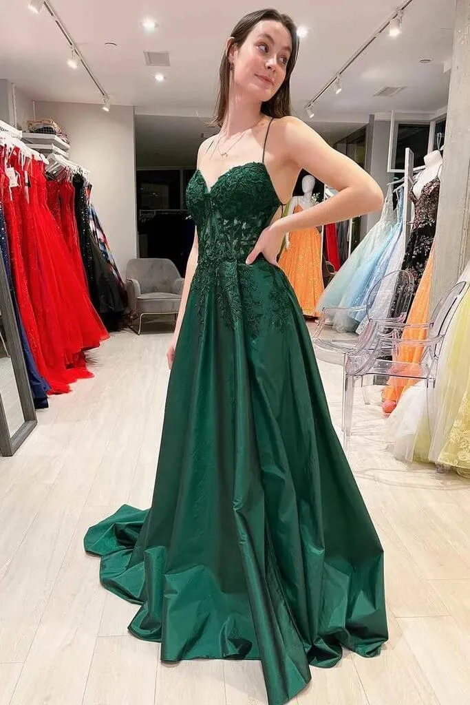 Hot Pink Satin A-line Prom Dresses With Lace Appliques, Long Formal Dress, SP932