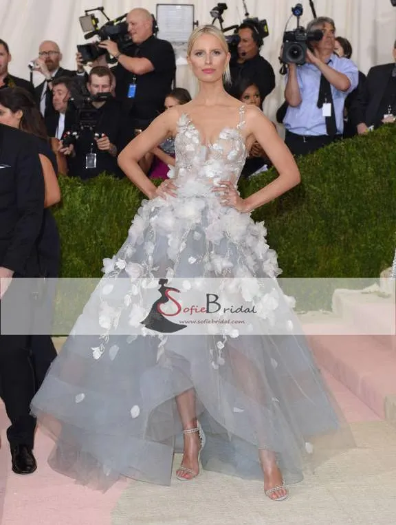 Inspired By Karolina Kurkova Met Gala Grey Floral Dresses, Hi-low Prom Dresses, PD0381
