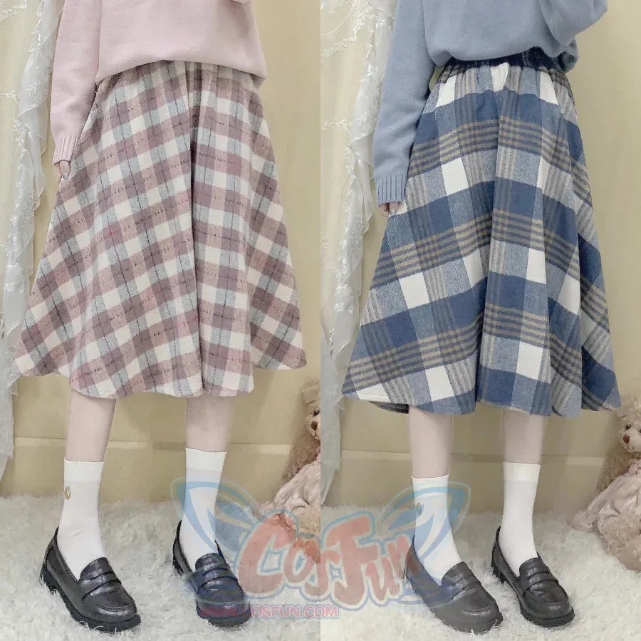 Japanese Style Tweed Soft Girl Plaid Thickened Suede Versatile Long Skirt Longuette