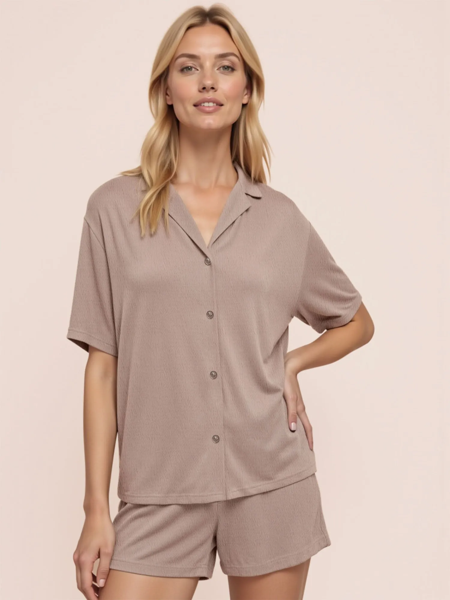 Knitted Gauze Button Front Pj Short Set