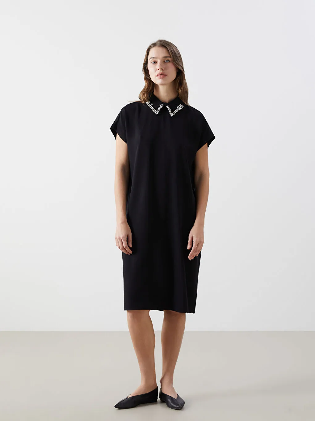 LCWAIKIKI Maternity Black Shirt Collar Stone Women Dress