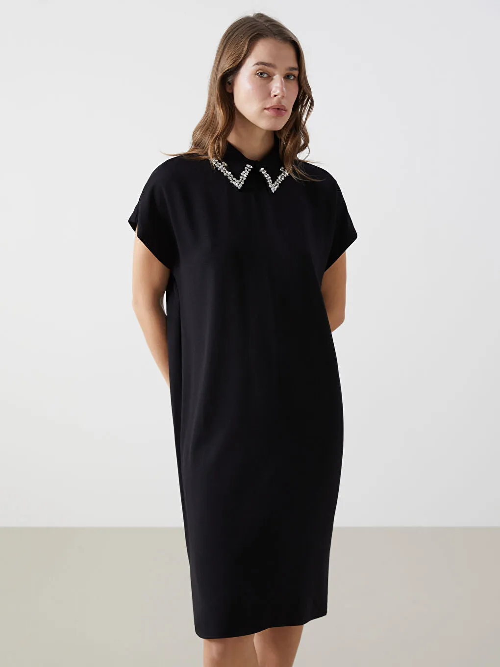 LCWAIKIKI Maternity Black Shirt Collar Stone Women Dress