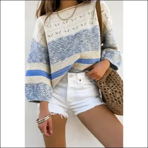 Light Blue Striped Puff Sleeve Sweater: Basic , Still Fabulous