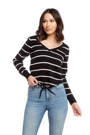 Linen Sweaters Long Sleeve V-Neck Tie Front Sweater