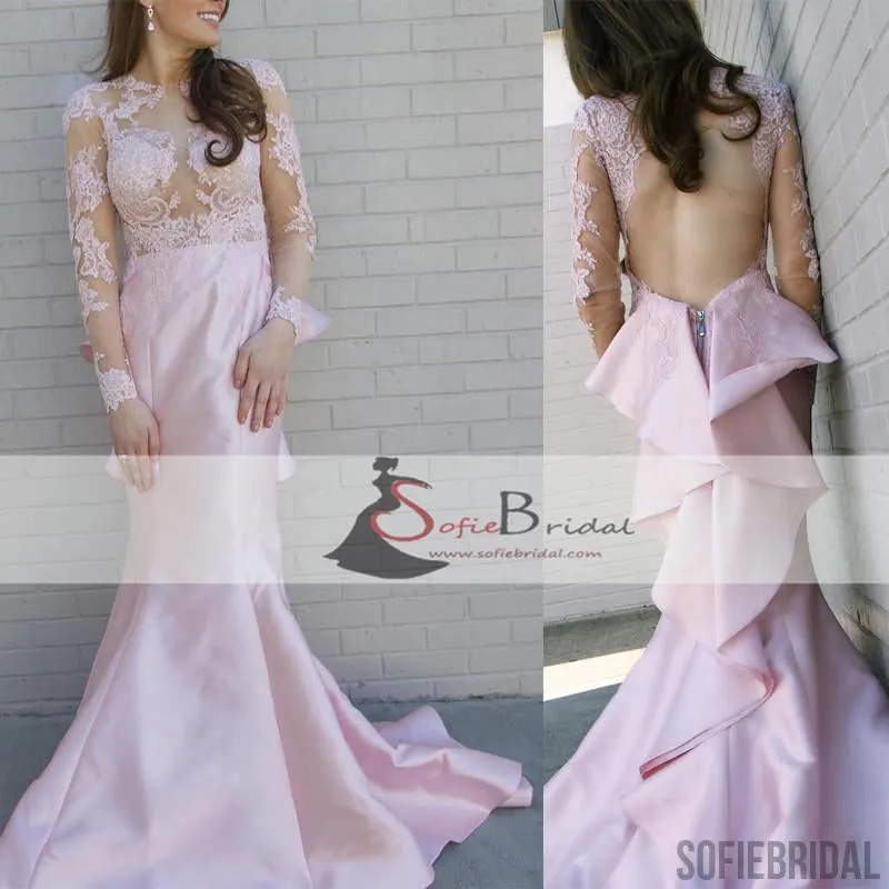 Long Sleeve Lace Satin Mermaid Prom Dresses, Open Back Ruffles Prom Dress, Prom Dresses, PD0431