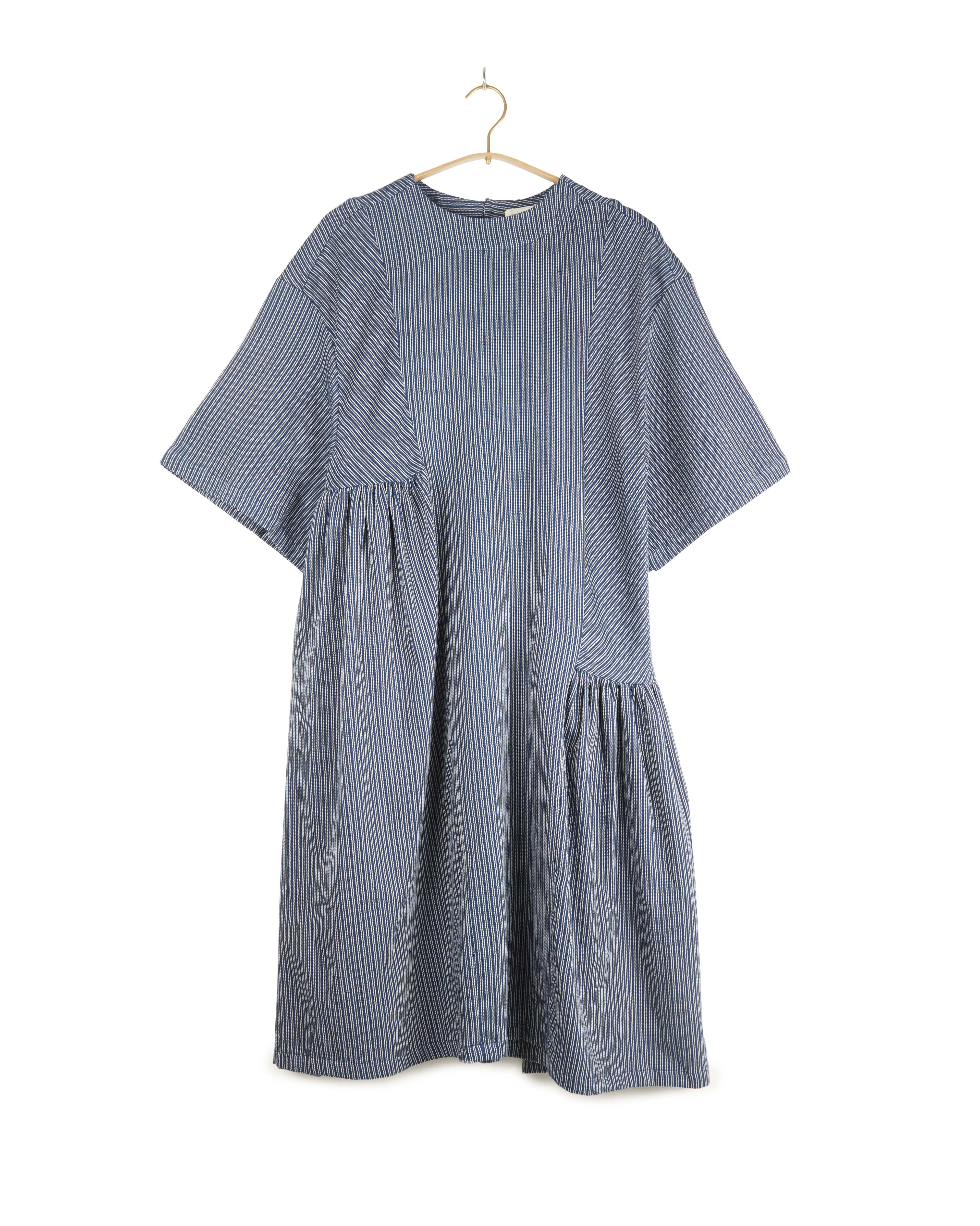 May Boxy Dress in Twill Indigo Stripes