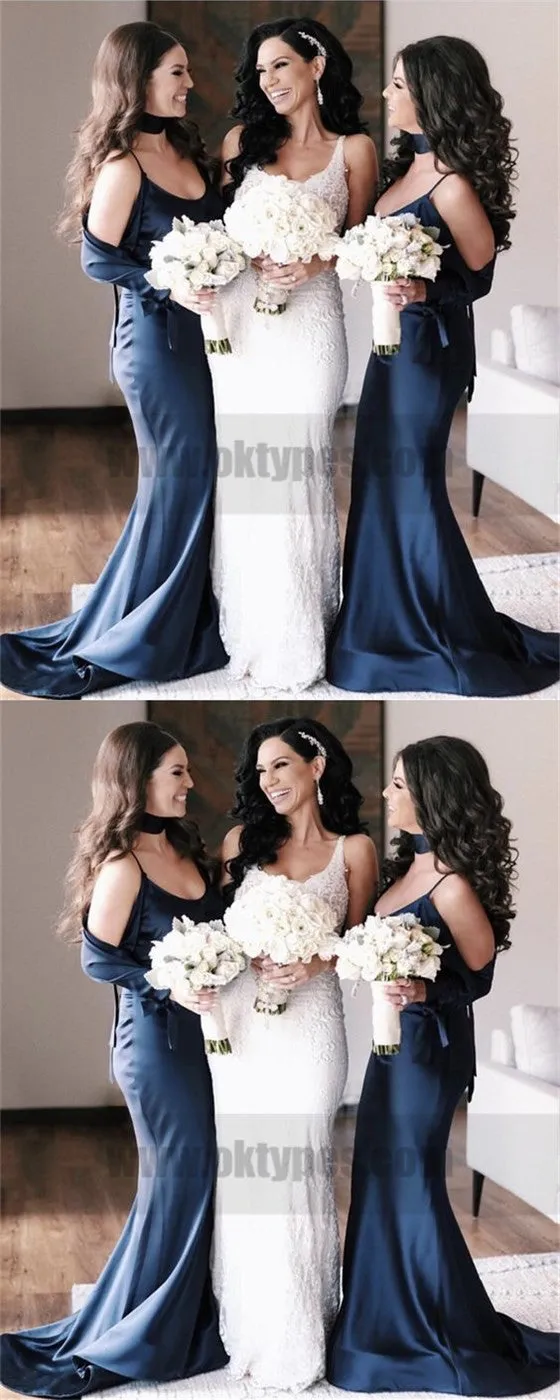 Mermaid Spaghetti Straps Cold Shoulder Navy Blue Bridesmaid Dresses, TYP0730