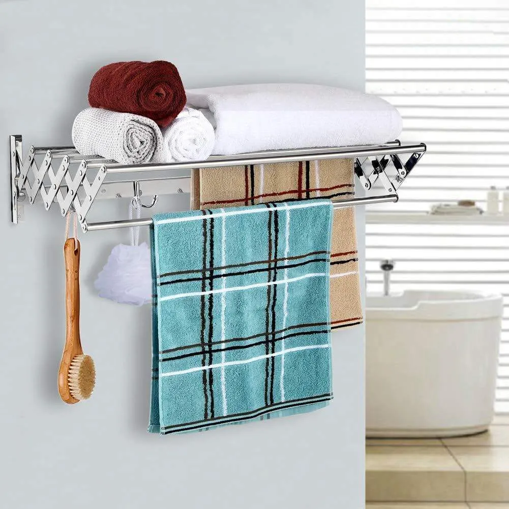 Merya Folding Clothes Drying Rack Wall Mount, Retractable 304 Stainless Steel Laundry Drying Rack/Bathroom Towel Rack with Hooks, Rustproof Space-Saving Clothes Hanger Rack for Indoor Outdoor Use