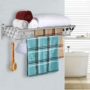 Merya Folding Clothes Drying Rack Wall Mount, Retractable 304 Stainless Steel Laundry Drying Rack/Bathroom Towel Rack with Hooks, Rustproof Space-Saving Clothes Hanger Rack for Indoor Outdoor Use