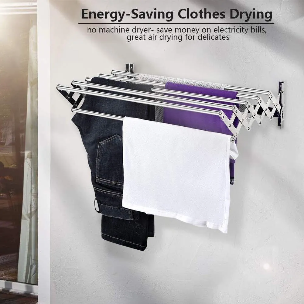 Merya Folding Clothes Drying Rack Wall Mount, Retractable 304 Stainless Steel Laundry Drying Rack/Bathroom Towel Rack with Hooks, Rustproof Space-Saving Clothes Hanger Rack for Indoor Outdoor Use