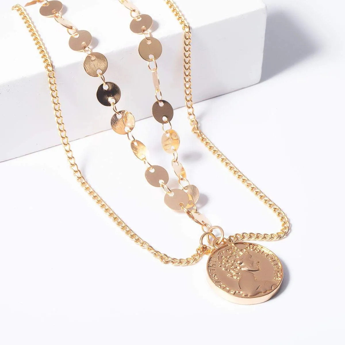 Minimalist Layered Relief Coin Pendant Sequins Arm Cuff - Chic Gold Silver Tone Sequins Chain Cuff Bracelet - Layered Upper Arm Band