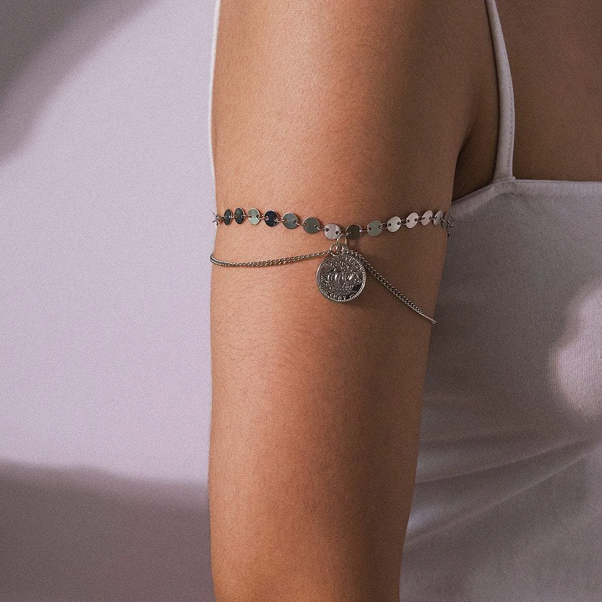 Minimalist Layered Relief Coin Pendant Sequins Arm Cuff - Chic Gold Silver Tone Sequins Chain Cuff Bracelet - Layered Upper Arm Band