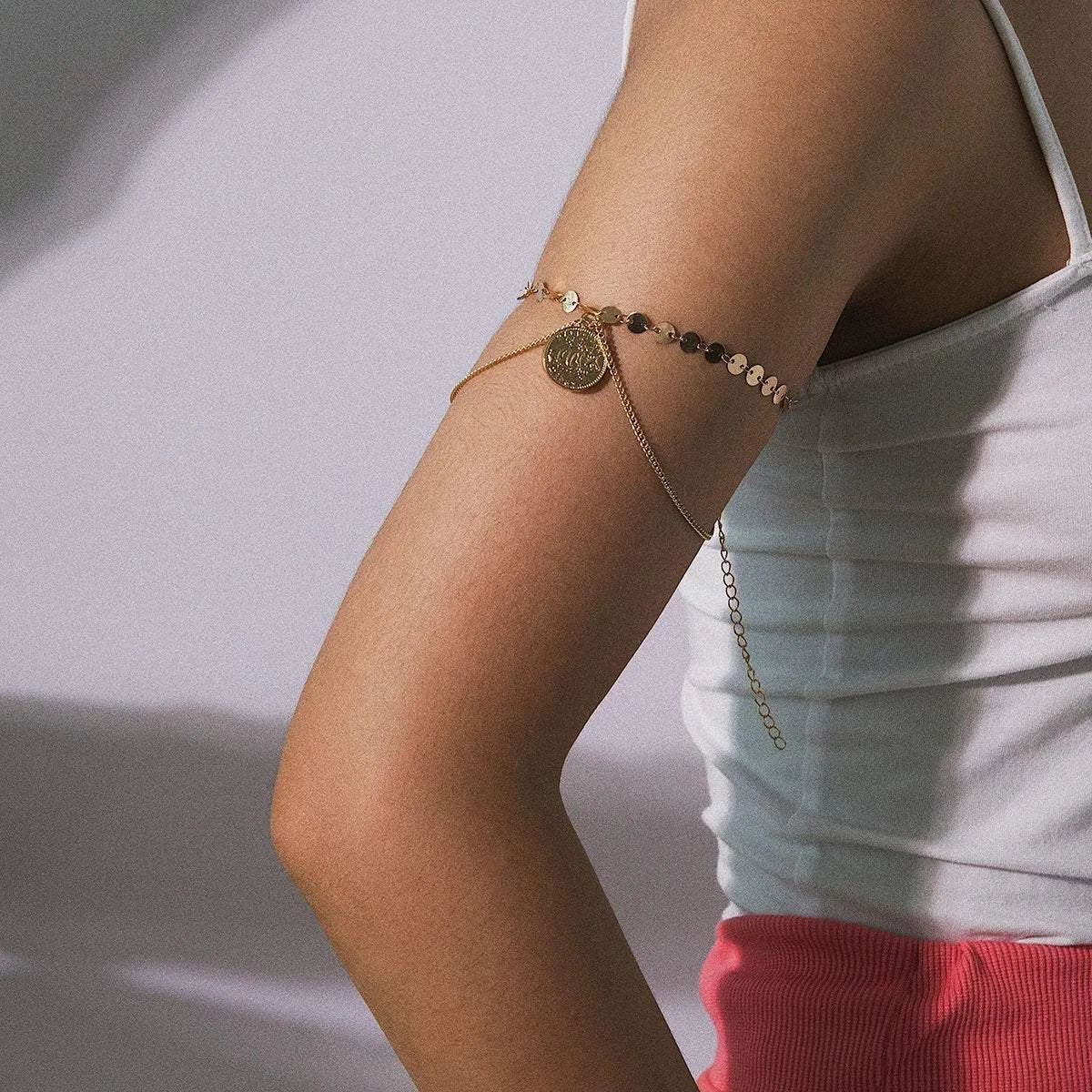 Minimalist Layered Relief Coin Pendant Sequins Arm Cuff - Chic Gold Silver Tone Sequins Chain Cuff Bracelet - Layered Upper Arm Band