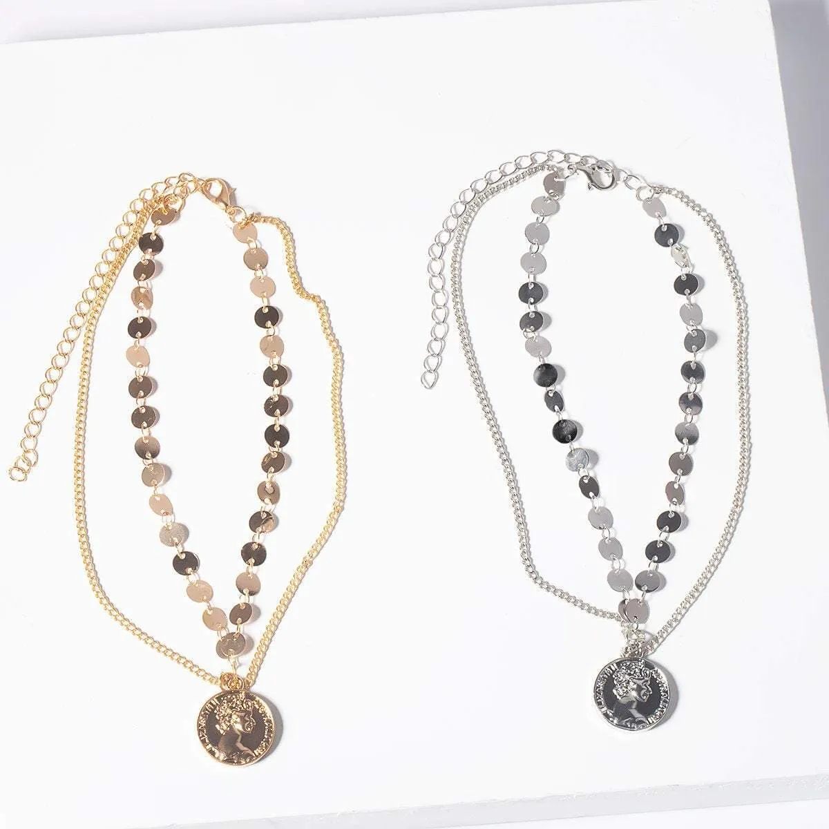 Minimalist Layered Relief Coin Pendant Sequins Arm Cuff - Chic Gold Silver Tone Sequins Chain Cuff Bracelet - Layered Upper Arm Band