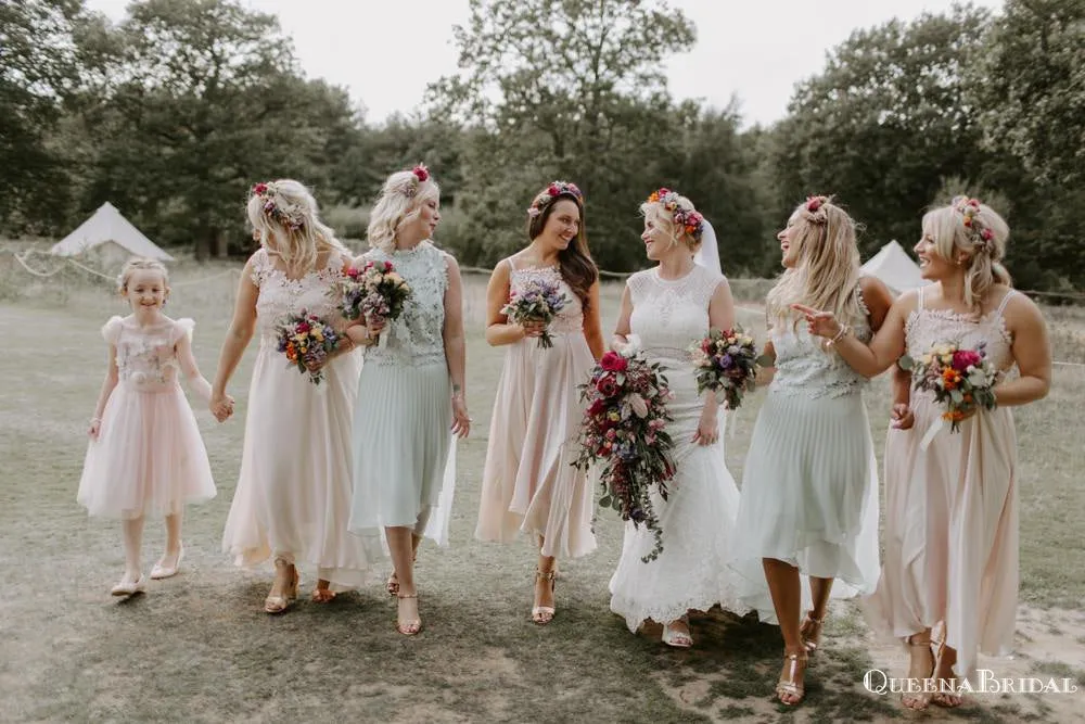 Mismatched Cute Charming Top lace Appliqued Chiffon High Low Long Cheap Bridesmaid Dresses, QB0946