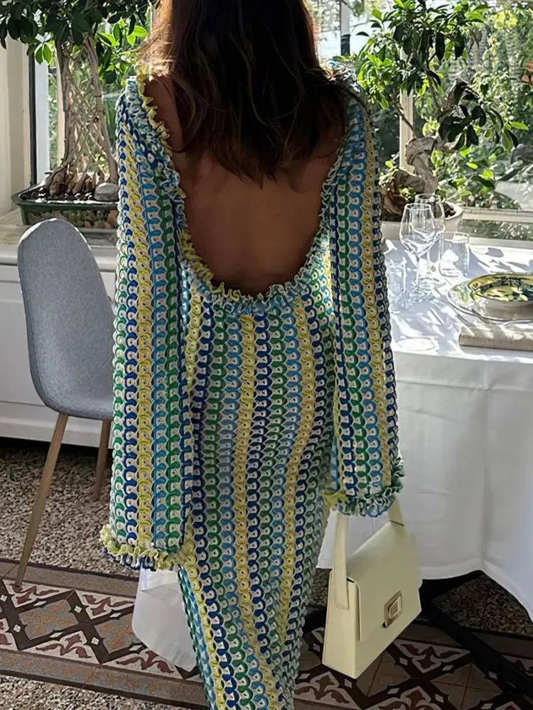 New Fashion Backless Dress Lace Contrast Color Long Sleeve Slim Design Dress