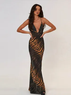 New Leopard Print Deep V-Neck Long Dress Lace Up Backless Sleeveless Slim w/ Straps Boutique Fashion Spring/Summer Dress Gown