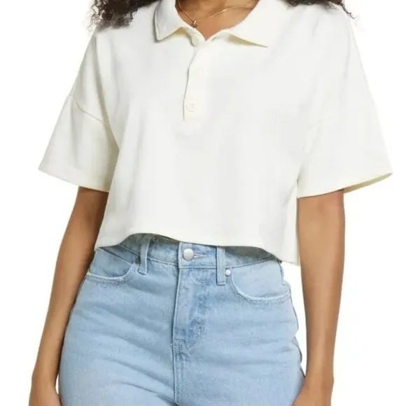 New Nordstrom BP. French Terry Crop Polo in Cream, PLUS size 1X!
