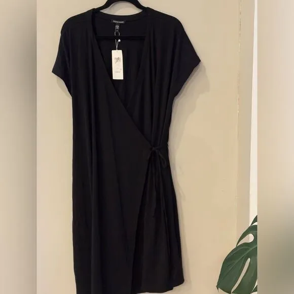 NWT Eileen Fisher Stretch Jersey Knit Wrap Dress Size Large Black Knee Length