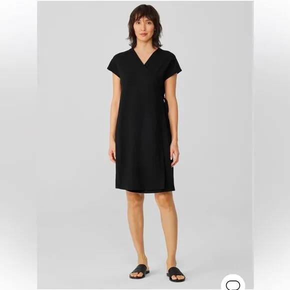NWT Eileen Fisher Stretch Jersey Knit Wrap Dress Size Large Black Knee Length