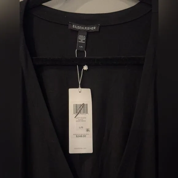 NWT Eileen Fisher Stretch Jersey Knit Wrap Dress Size Large Black Knee Length