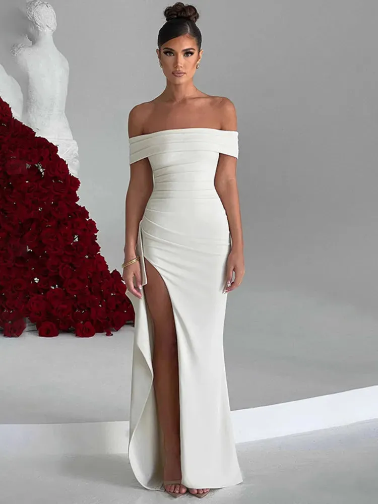 Off-Shoulder Ruffled Maxi Dress Thigh High Split Slash Neck Backless Bodycon Sexy Party Evening Dress Elegant