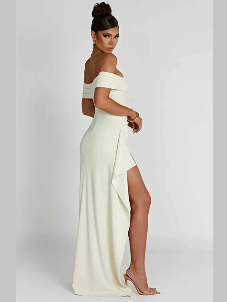 Off-Shoulder Ruffled Maxi Dress Thigh High Split Slash Neck Backless Bodycon Sexy Party Evening Dress Elegant